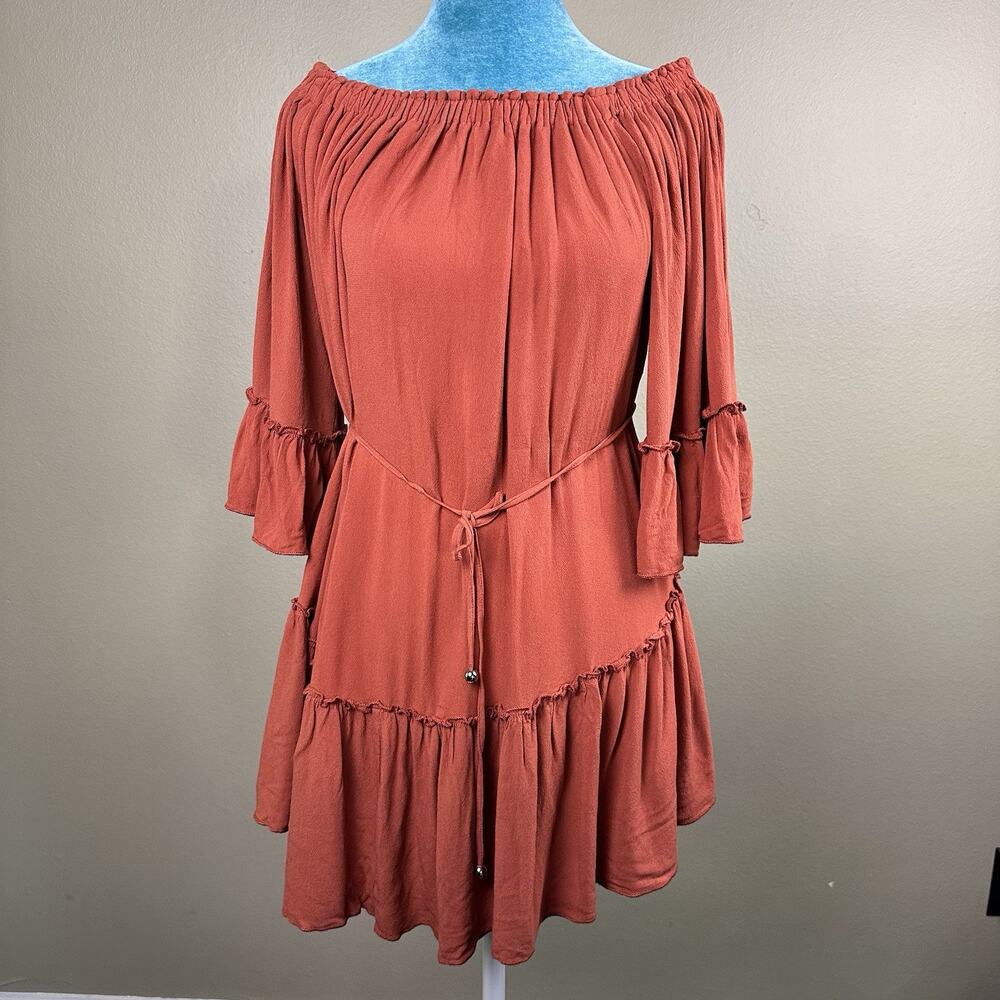 BluIvy mini dress Women S Peasant microsuede russett boho tiered % Lab Rescue - Picture 2 of 12